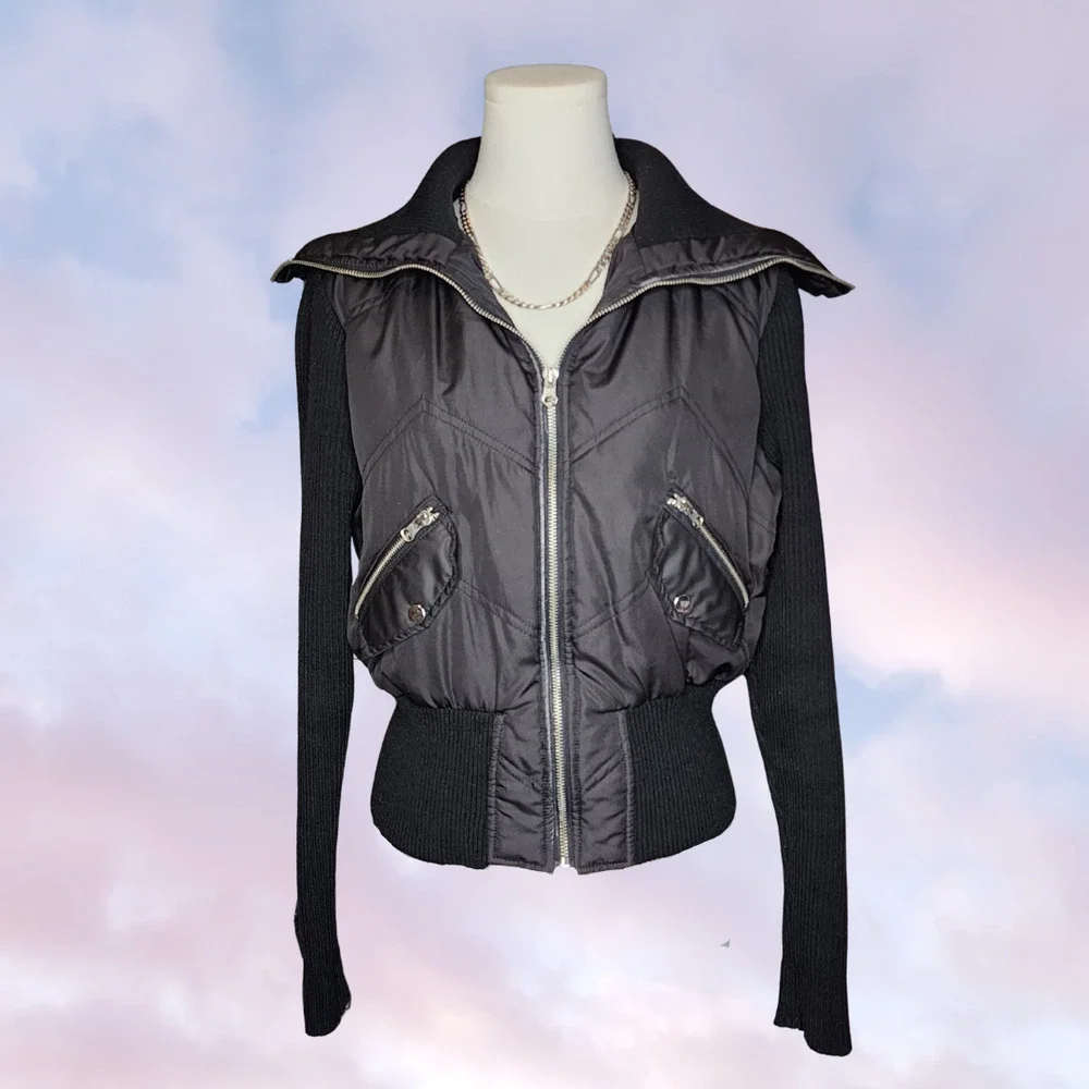 Y2k Vtg Ashley International Black Zip Grunge Puffer Ribbed Knit Sleeve Jacket L - Picture 1 of 5